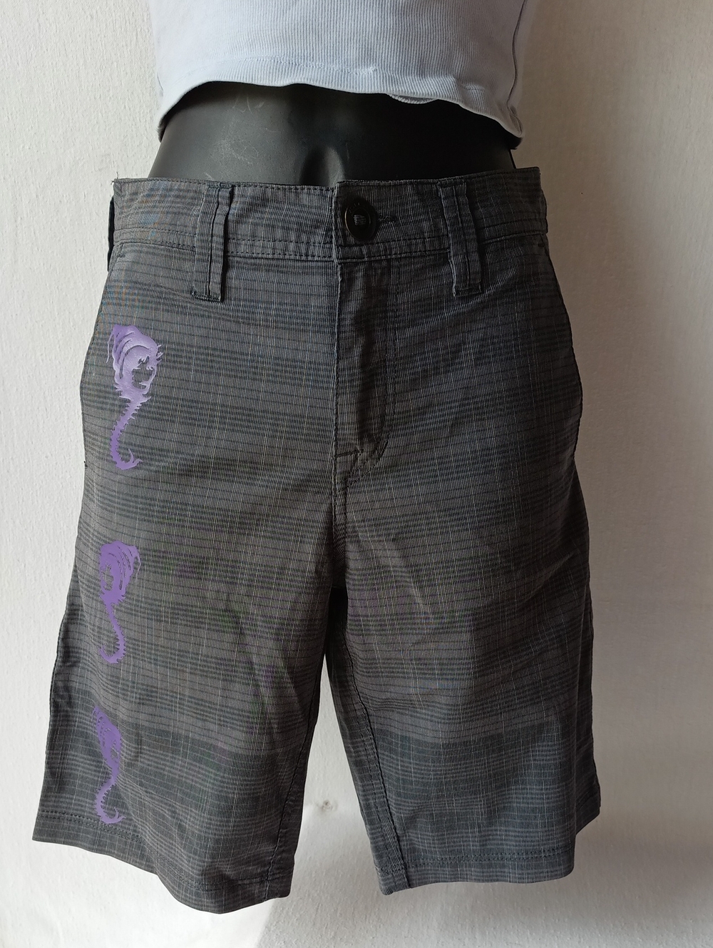 Volcom Gray Plaid Women's Bermuda Shorts with Purple Graphics